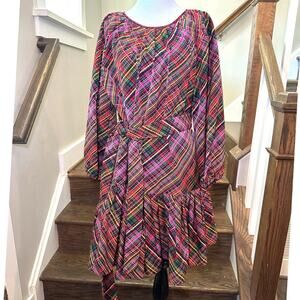 LDT Hunter Parachute 3/4 Puff Sleeve Tie Waist Plaid Ruffled Mini Dress Size 14